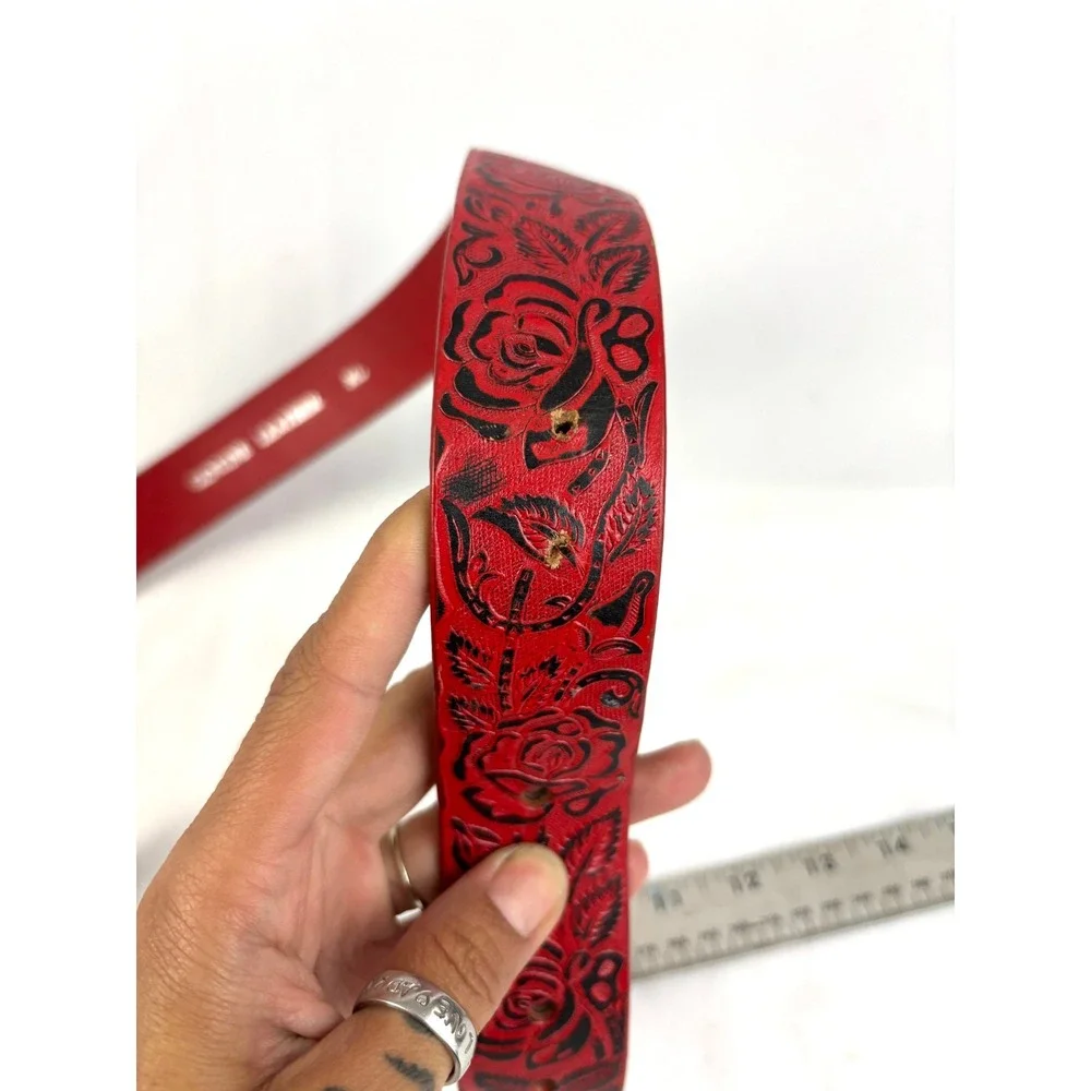 Red Floral Tooled Leather Belt Strap Only Black Rose Pattern M/L Women's Western